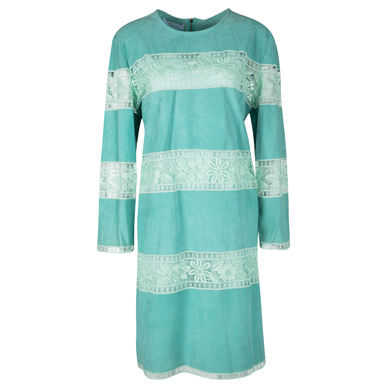 Blumarine Resort'16 Turquoise Goat Leather Embroidered Lace Panel Detail Dress XL