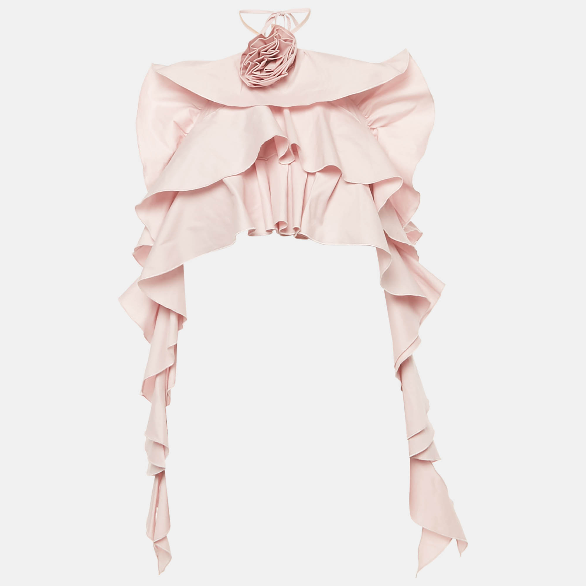 

Blumarine Pink Cotton Halter Neck Ruffled Rose Detail Crop Top L