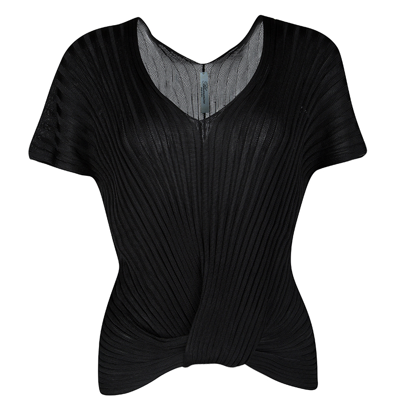 Blumarine Black Rib Knit Faux Tucked Top M