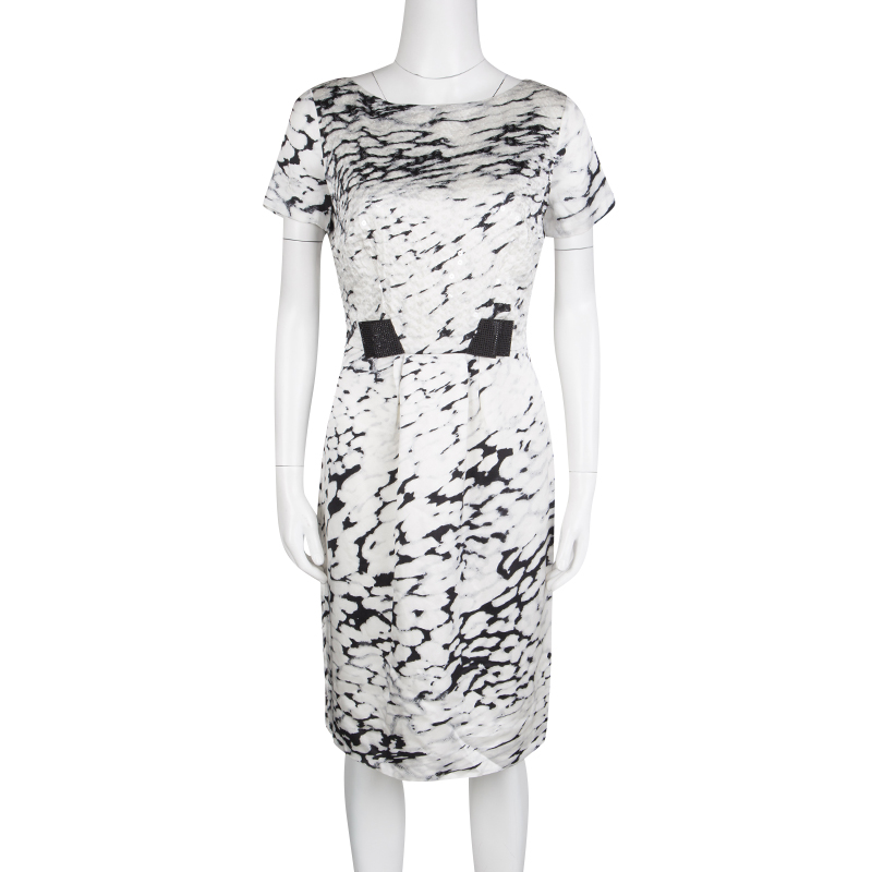 

Blumarine Monochrome Animal Printed Silk Embellished Dress, White