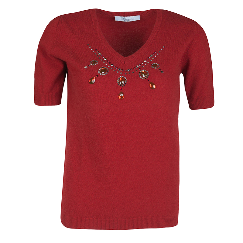 Blumarine Red Embellished Wool and Cashmere Short Sleeve Sweater M