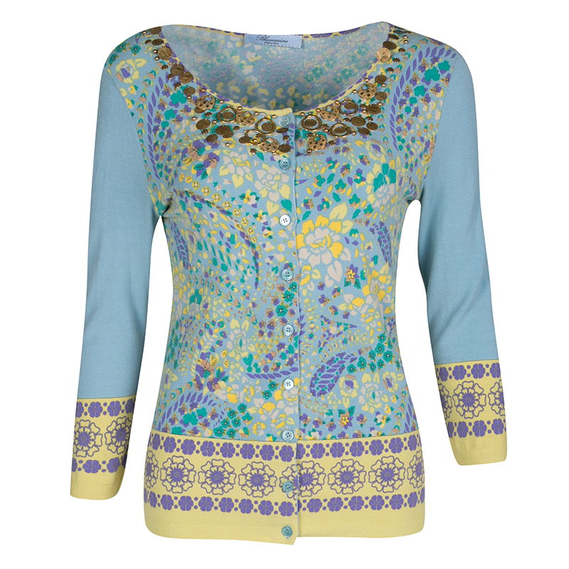 Pre Owned كارديغان بلومارين تريكو أزرق مورد مطبوع ومزخرف M