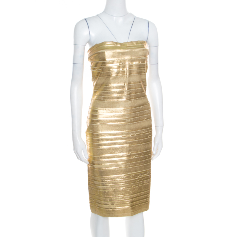 

Blumarine Metallic Gold Foil Printed Textured Strapless Bodycon Dress