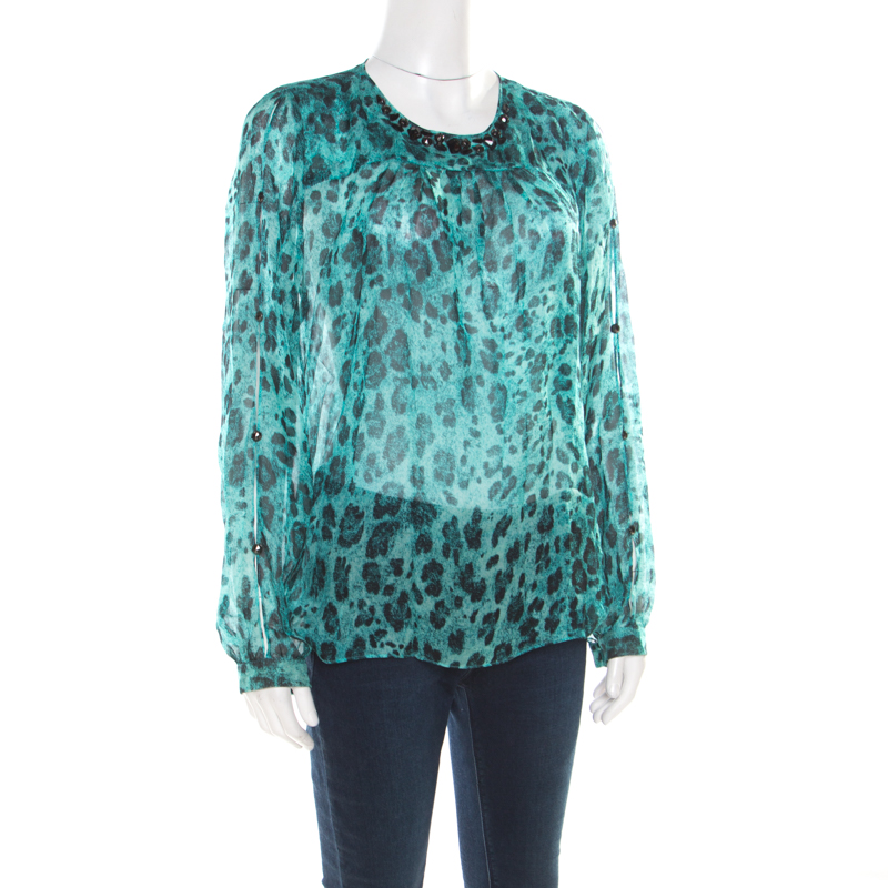 Pre-owned Blumarine Blue And Black Animal Printed Silk Embellished Neck Blouse M