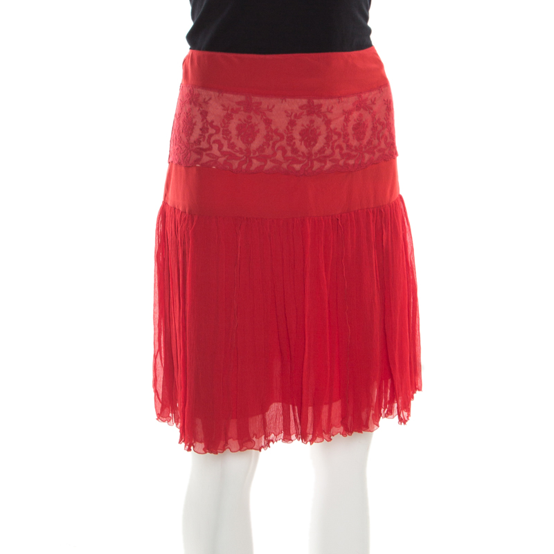 

Blumarine Red Floral Lace Insert Crinkled Silk Skirt