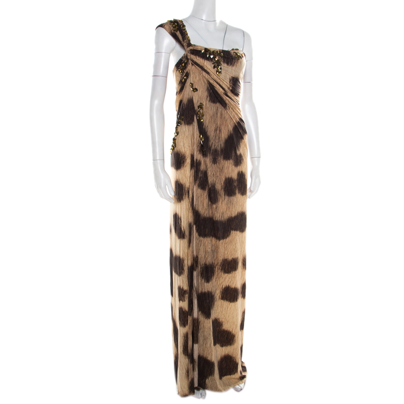 

Blumarine Brown Animal Printed Embellished Ruched One Shoulder Dress