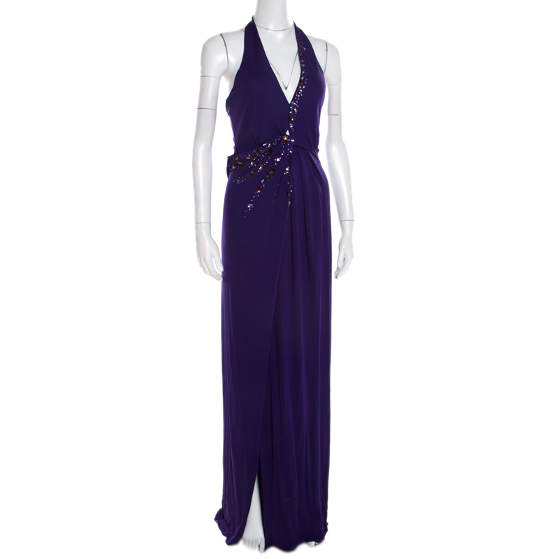 

Blumarine Purple Embellished Draped Halter Gown