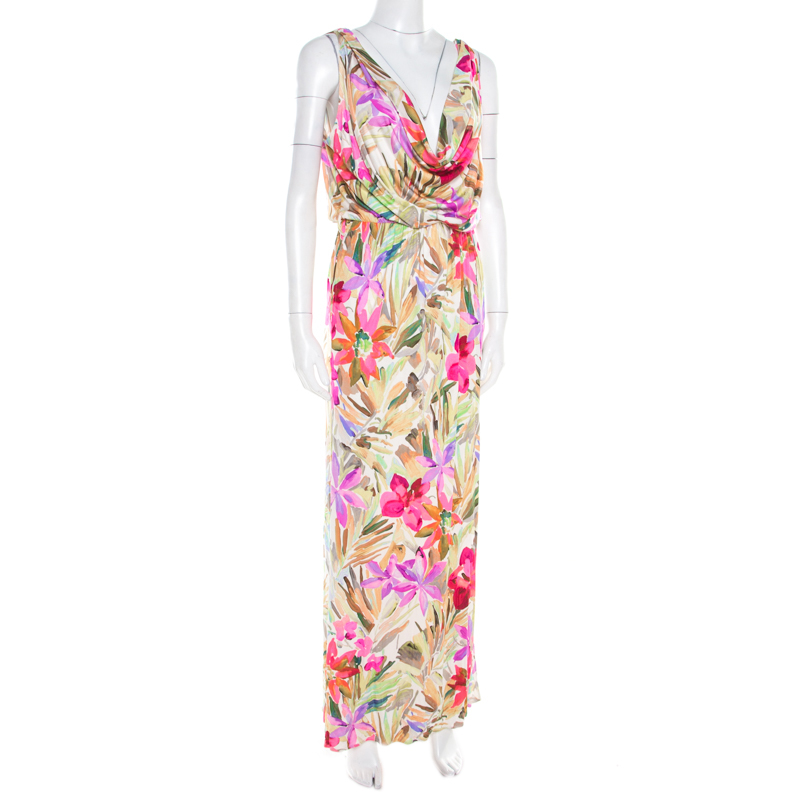 

Blumarine Multicolor Floral Printed Silk Jersey Draped Sleeveless Maxi Dress