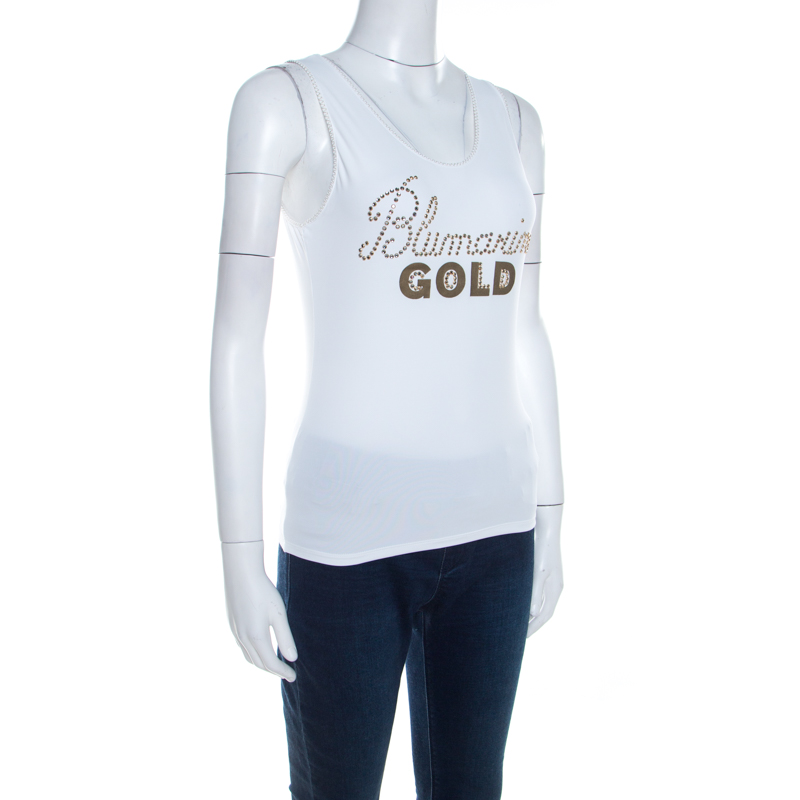 Pre-owned Blumarine White And Gold Embellished Stretch Cotton Sleeveless Top