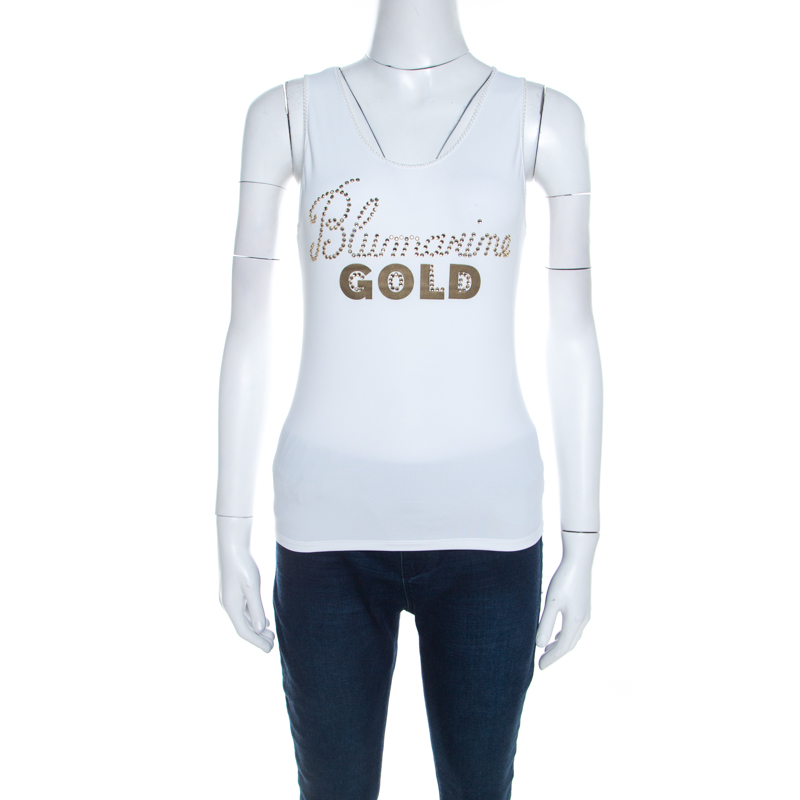 White And Gold Embellished Stretch Cotton Sleeveless