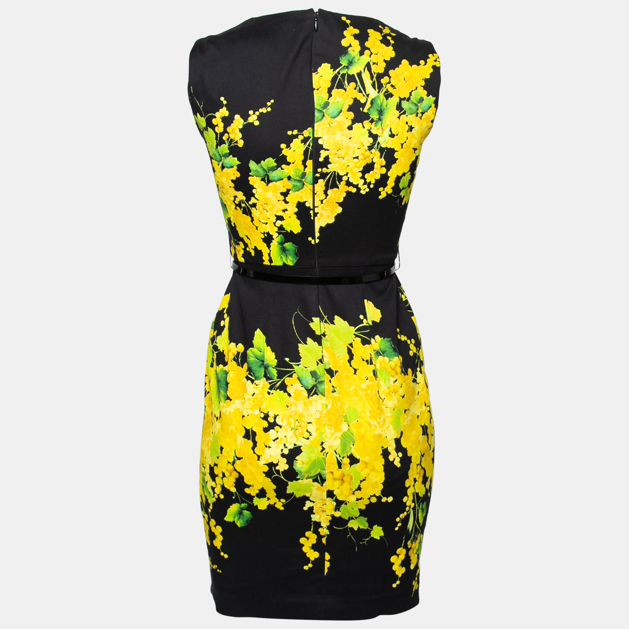 

Blumarine Black and Yellow Floral Print Stretch Cotton Belted Sheath Dress