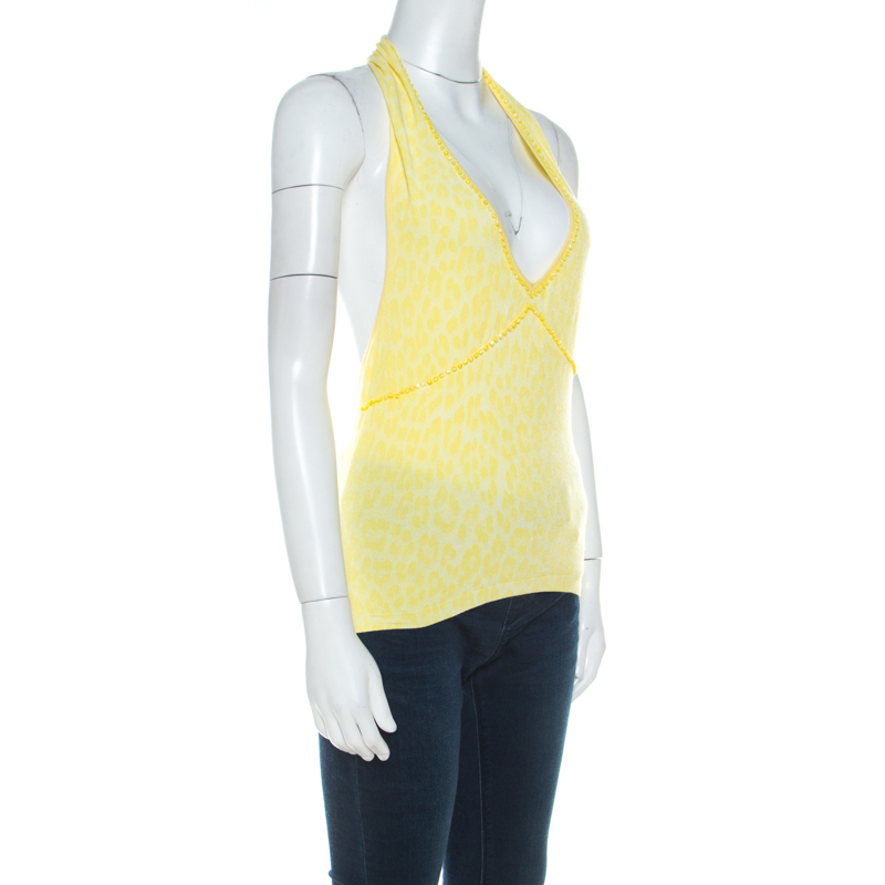 Pre-owned Blumarine Yellow Animal Patterned Jacquard Bead Embellished Backless Halter Top M