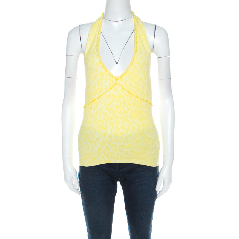 Yellow Animal Patterned Jacquard Bead Embellished Backless Halter Top