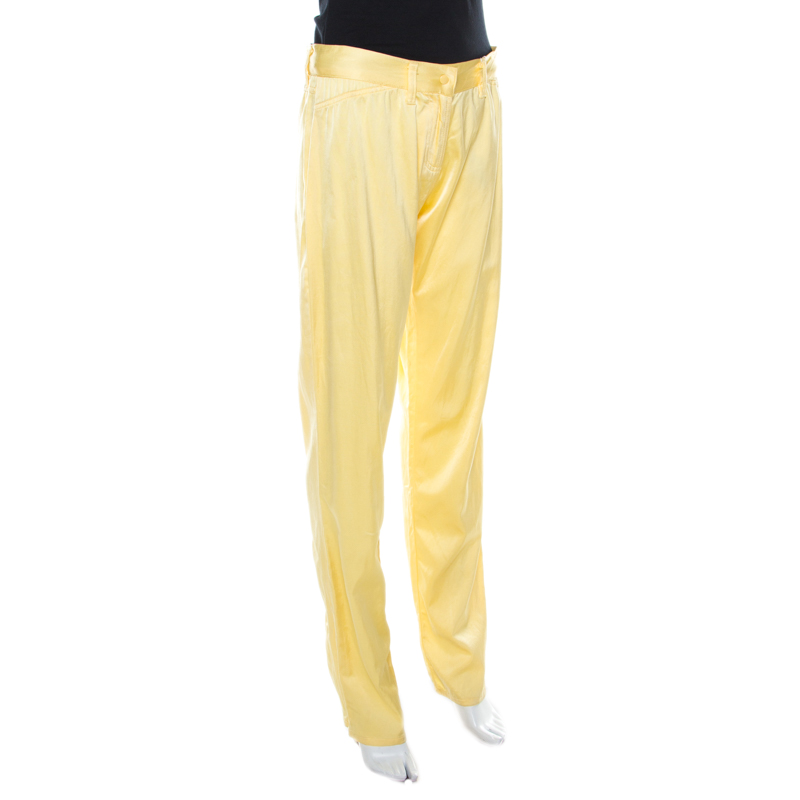 Pre-owned Blumarine Lemon Yellow Silk Relaxed Tapered Fit Trousers M