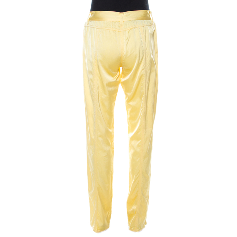 Pre-owned Blumarine Lemon Yellow Silk Relaxed Tapered Fit Trousers M