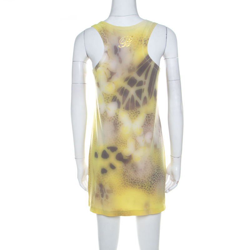 Pre-owned Blumarine Yellow Printed Applique Detail Short Dress S
