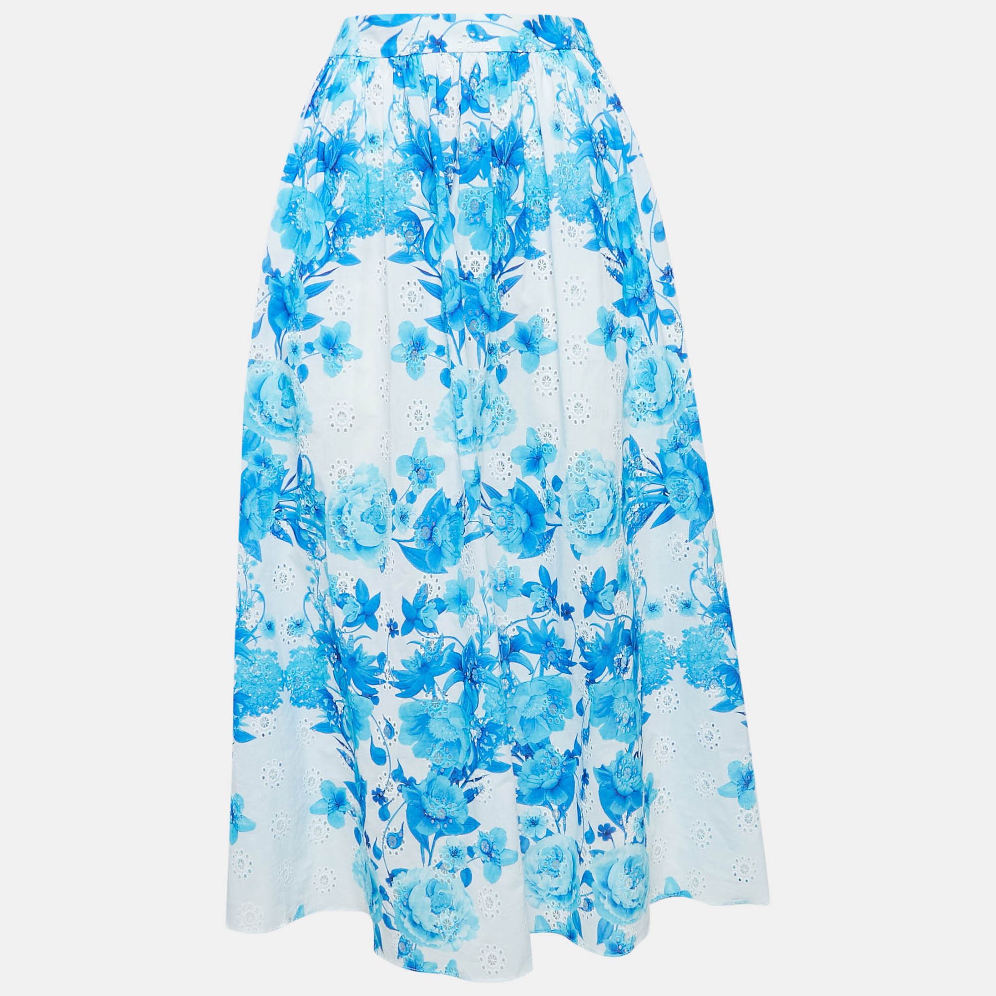 

Borgo De Nor Blue Floral Print Broderie Anglaise Cotton Rhea Midi Skirt S