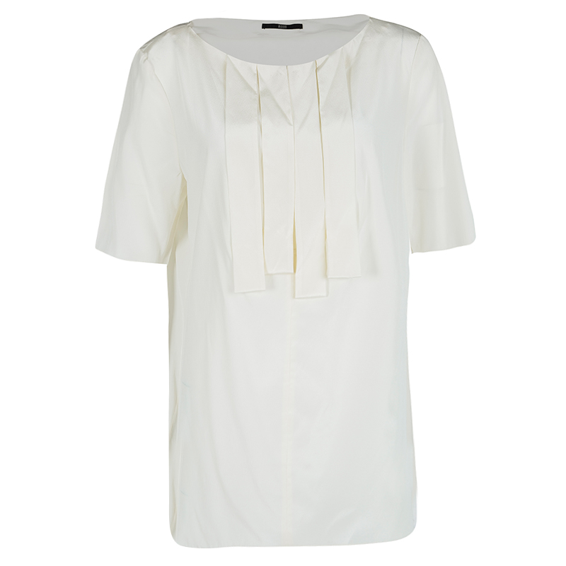 مملوكة مسبقًا Boss By Hugo Boss Off White Silk Panel Detail Isala Top L