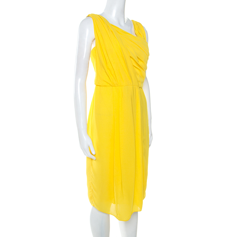 

Boss By Hugo Boss Yellow Crepe Pleated Sleeveless Drapira Dress