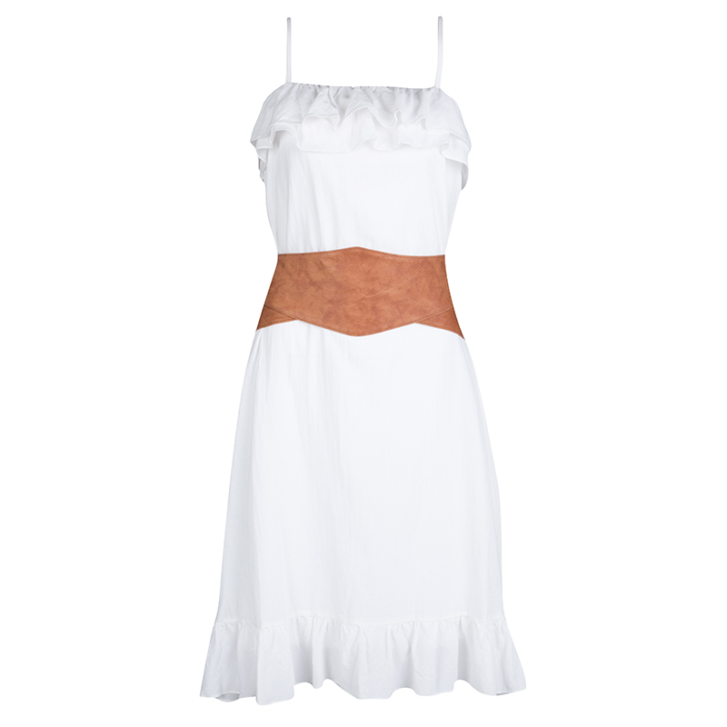 Pre Owned فستان بوس أورانغ باي هوغو بوس أنتارا قطن أبيض بكشكشة مزينة بحزام S