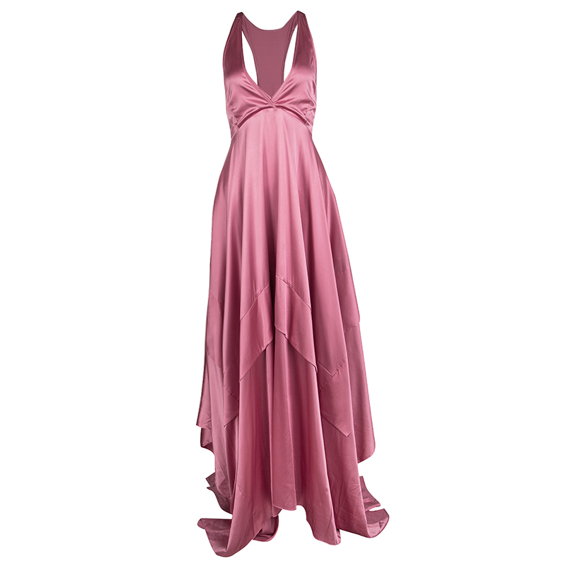 Boss By Hugo Boss Pink Silk Satin Asymmetric Sleeveless Maxi Dress M ...