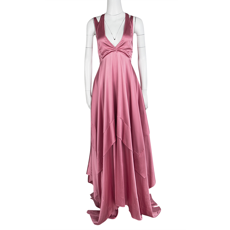Boss By Hugo Boss Pink Silk Satin Asymmetric Sleeveless Maxi Dress M ...