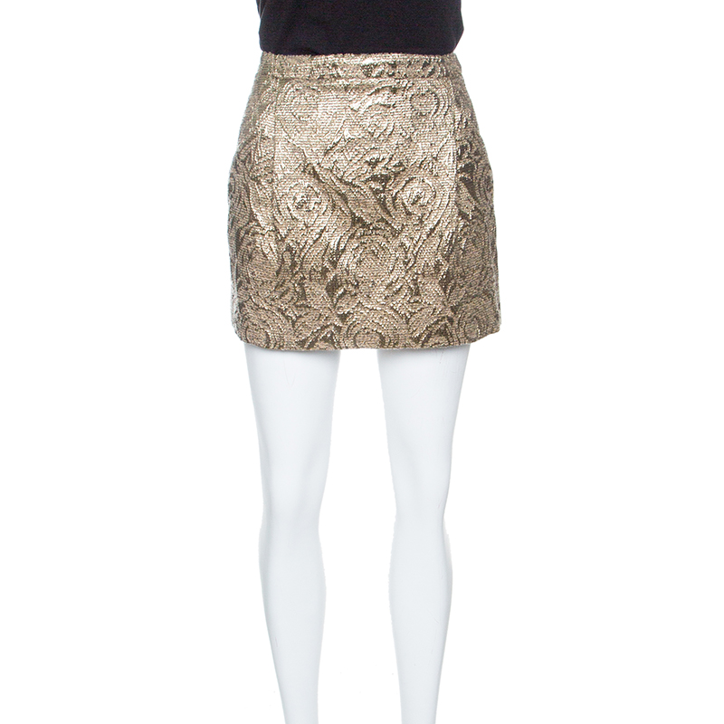 Pre Owned Boss Orange by Hugo Boss Dull Gold Embossed Jacquard Mini Skirt S