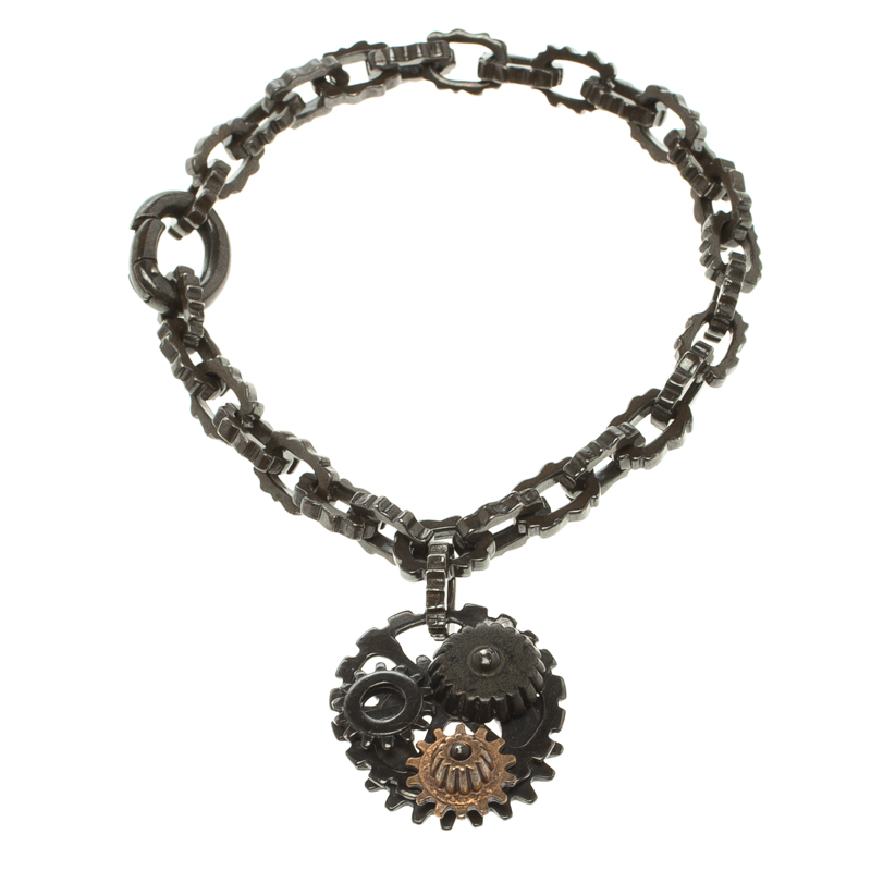 Pre Owned Bottega Veneta Brown Gear Chain Silver Bracelet S