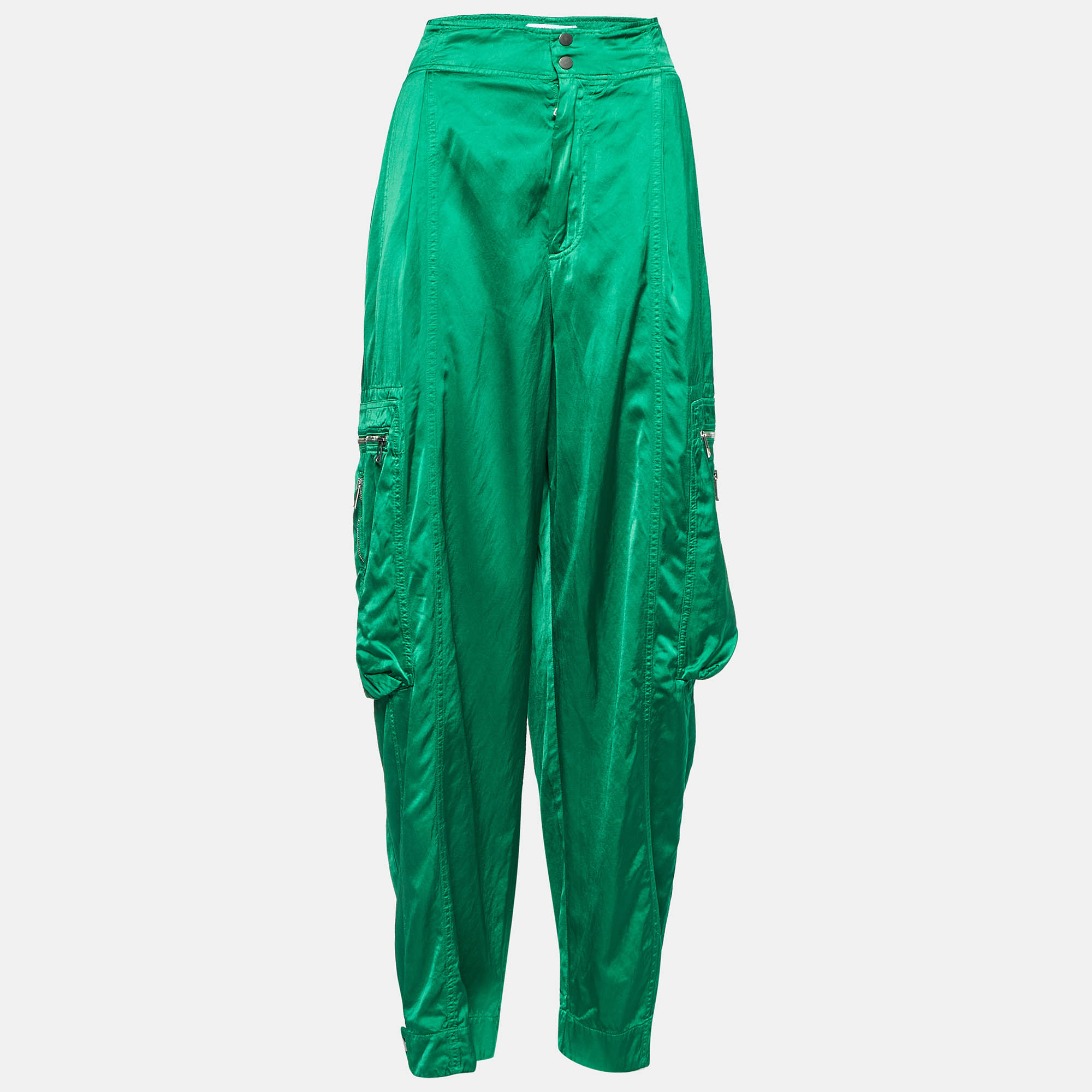 Pre-owned Bottega Veneta Green Fluid Satin Cargo Pants L