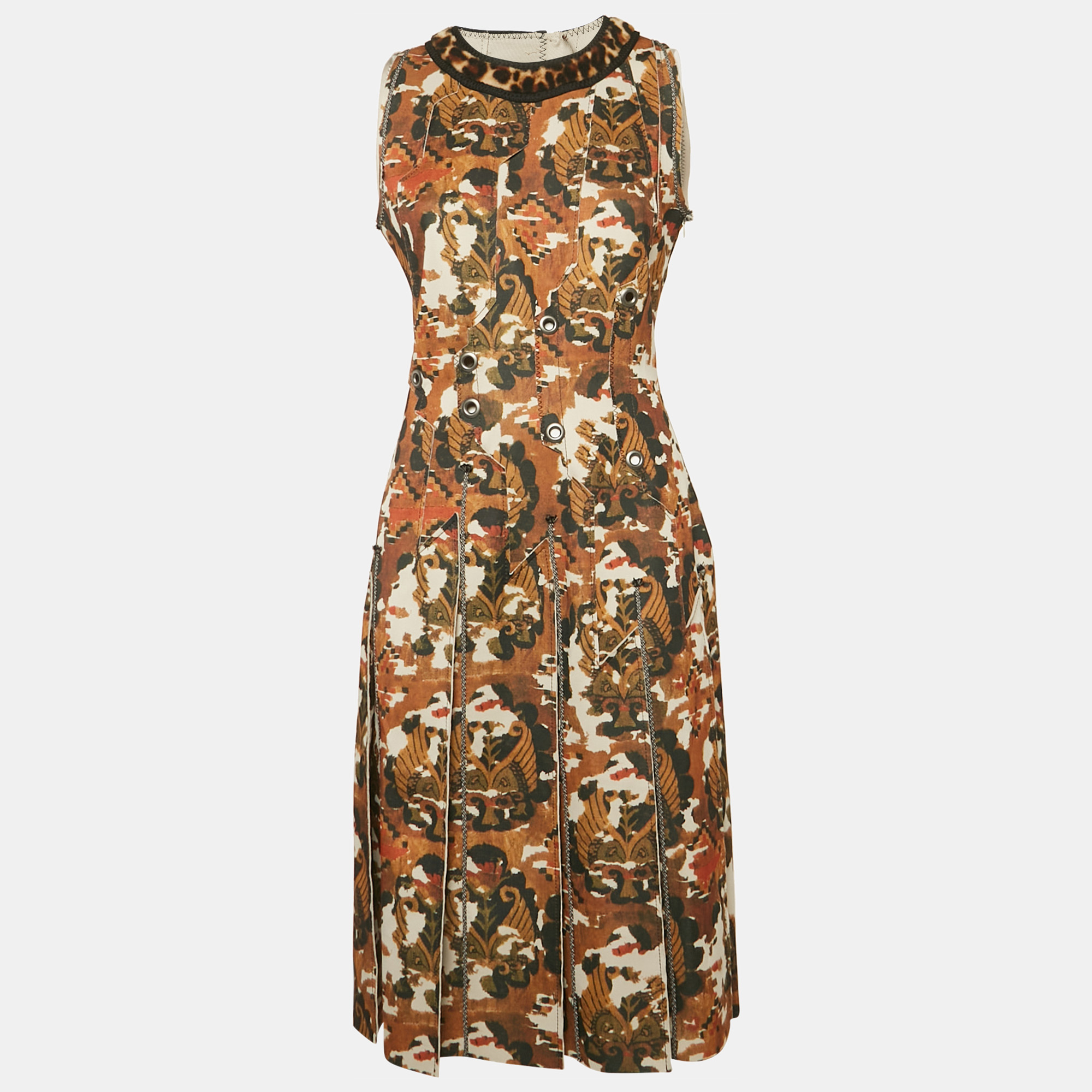 

Bottega Veneta Yellow Printed Jersey Pleated Midi Dress M