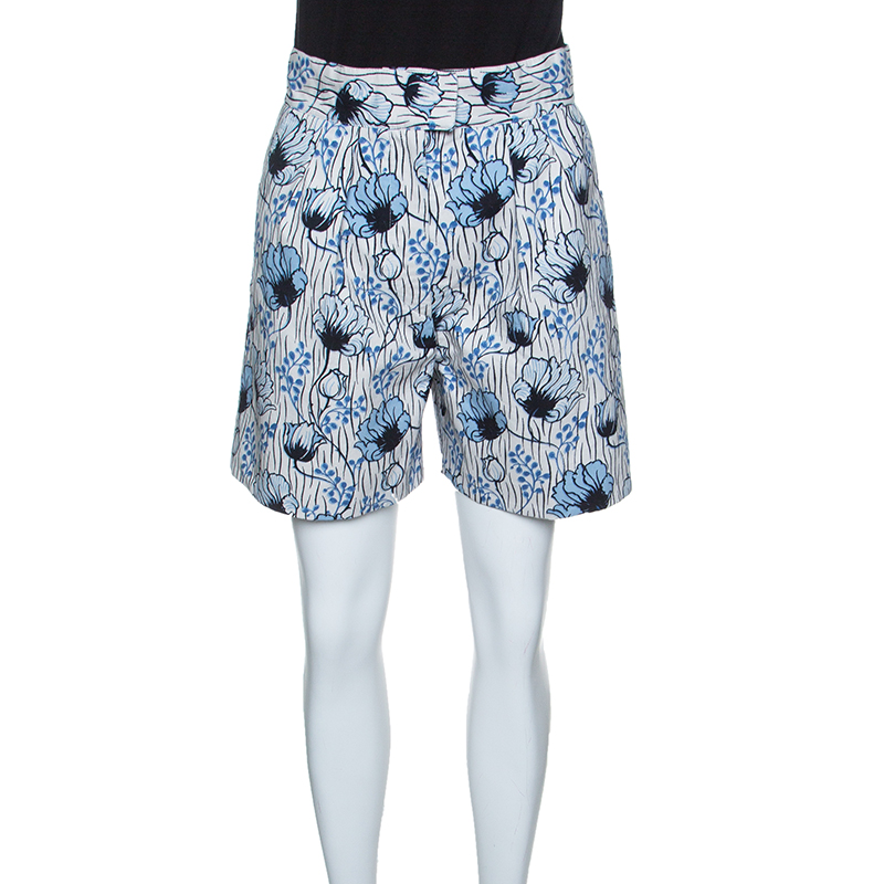 Pre Owned Bottega Veneta Off White and Blue Floral Printed High Waist Shorts S