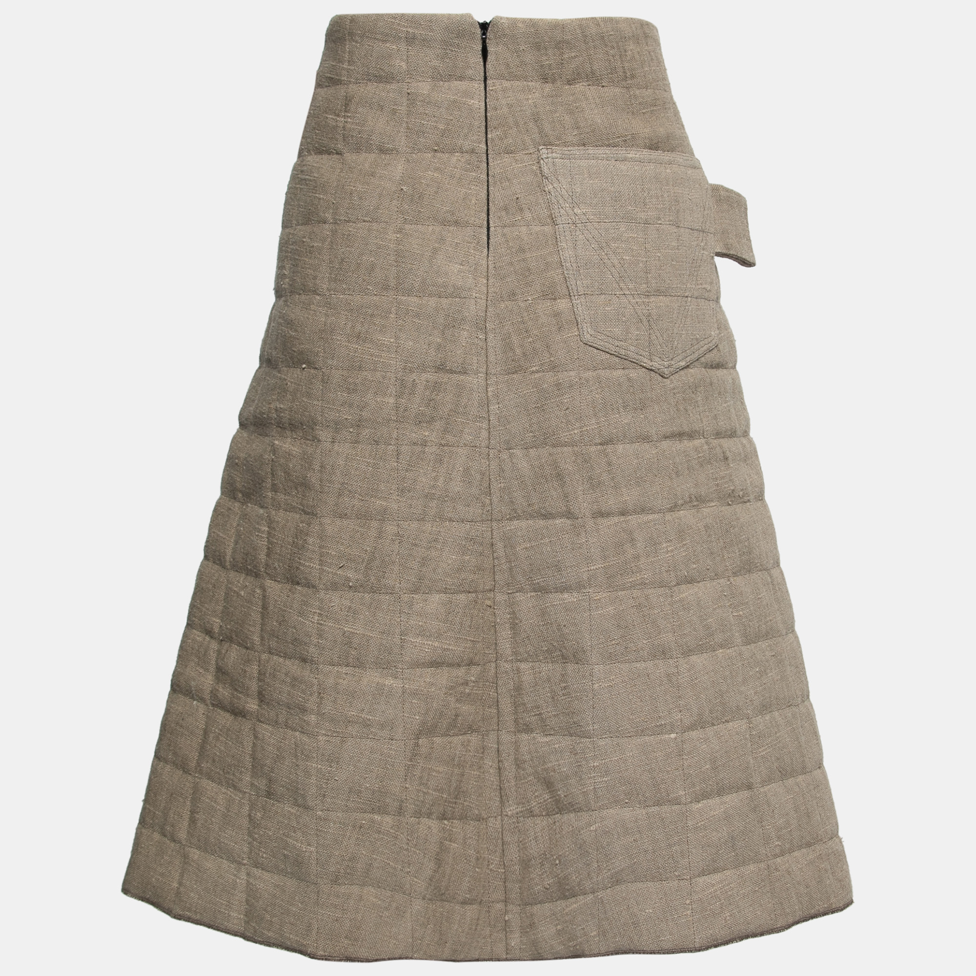 

Bottega Veneta Khaki Brown Quilted Linen Midi Skirt