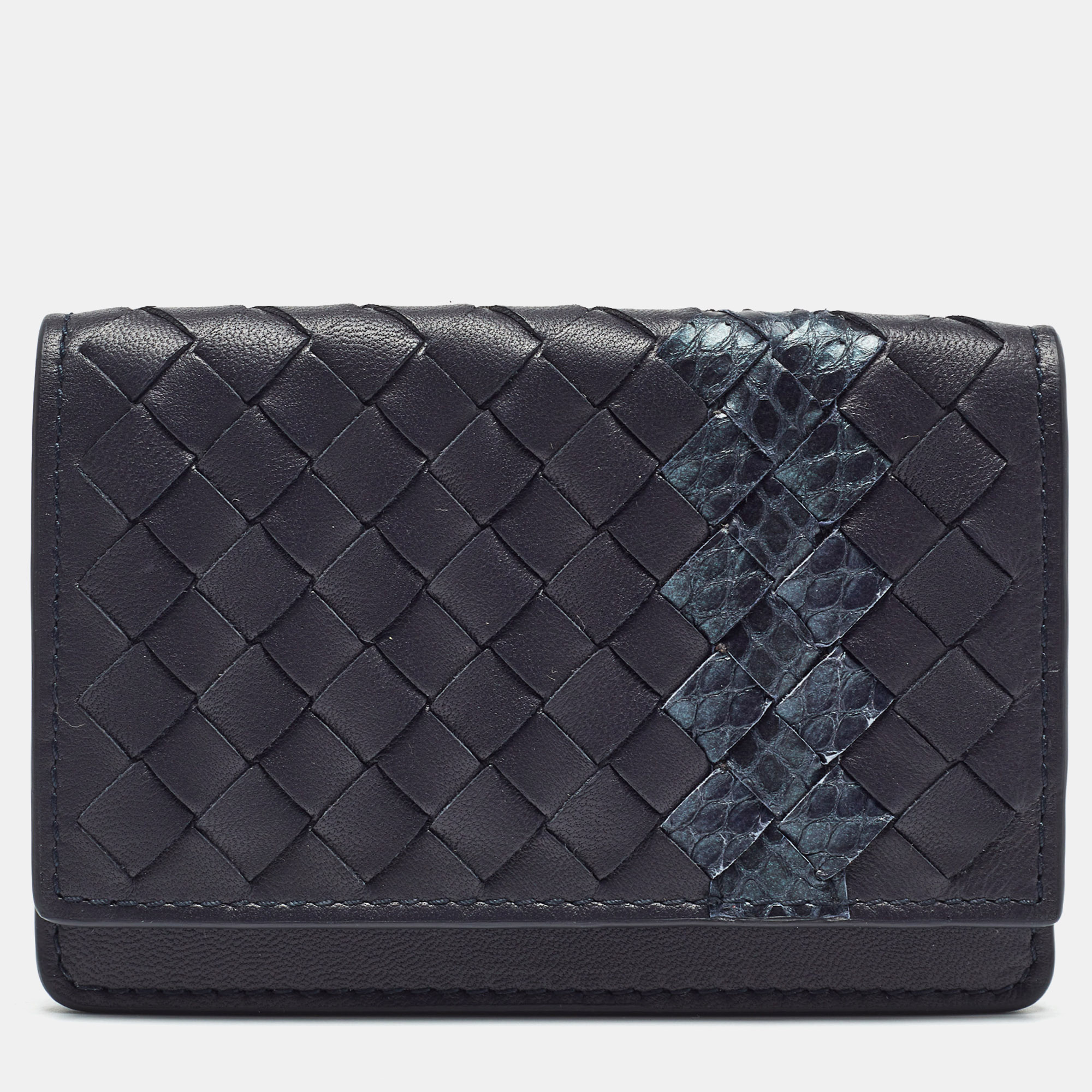 

Bottega Veneta Navy Blue Intrecciato Leather and Snakeskin Business Card Holder