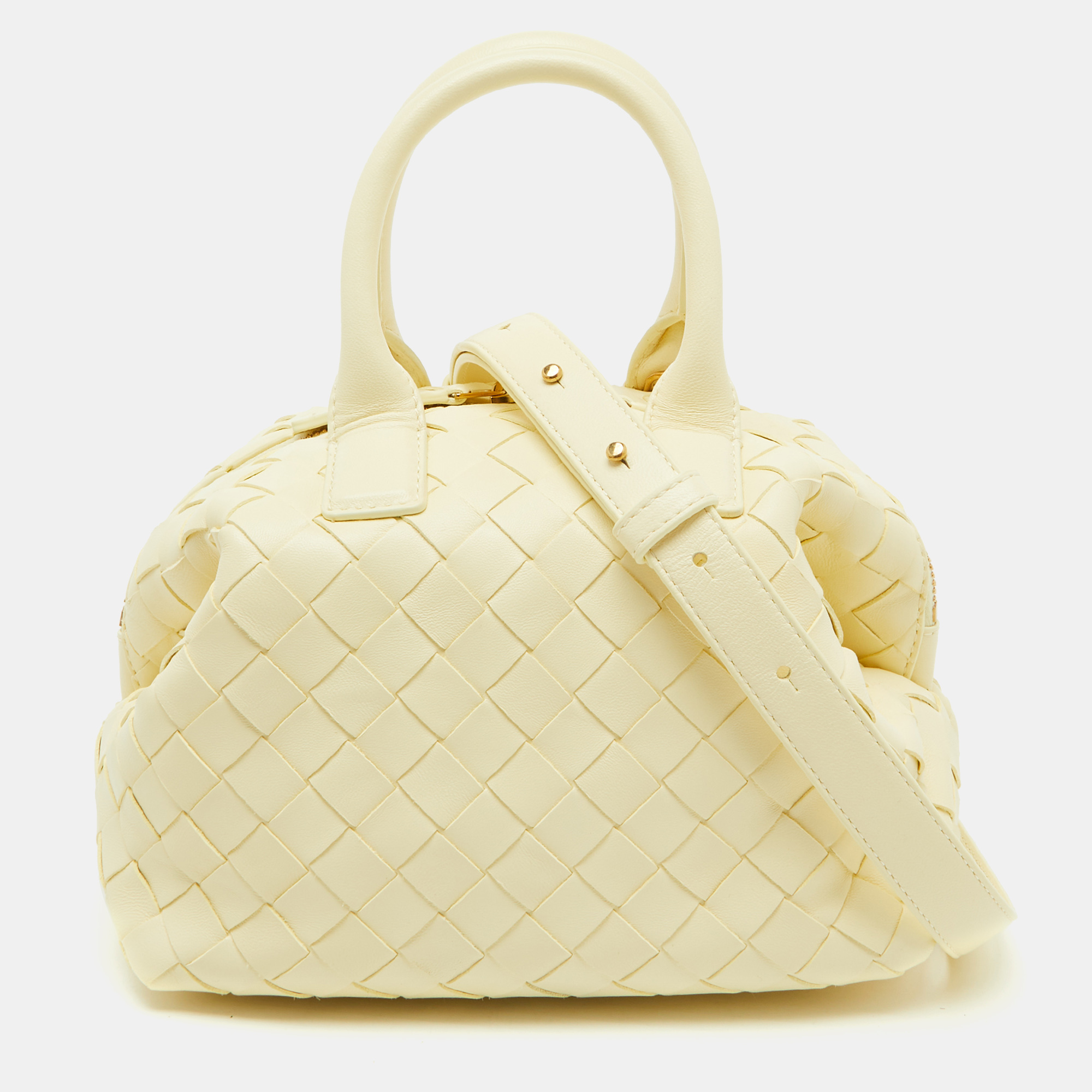 Pre-owned Bottega Veneta Light Yellow Intrecciato Leather Mini Bauletto Bowling Bag