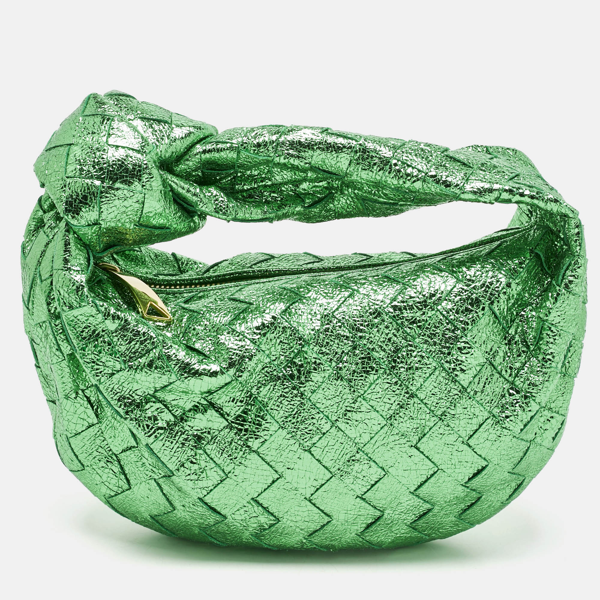 

Bottega Veneta Metallic Green Intrecciato Leather Mini Jodie Hobo