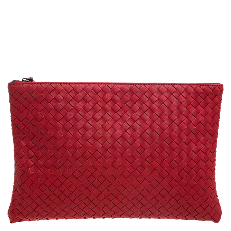 Pre-owned Bottega Veneta Red Intrecciato Woven Leather Large Pouch