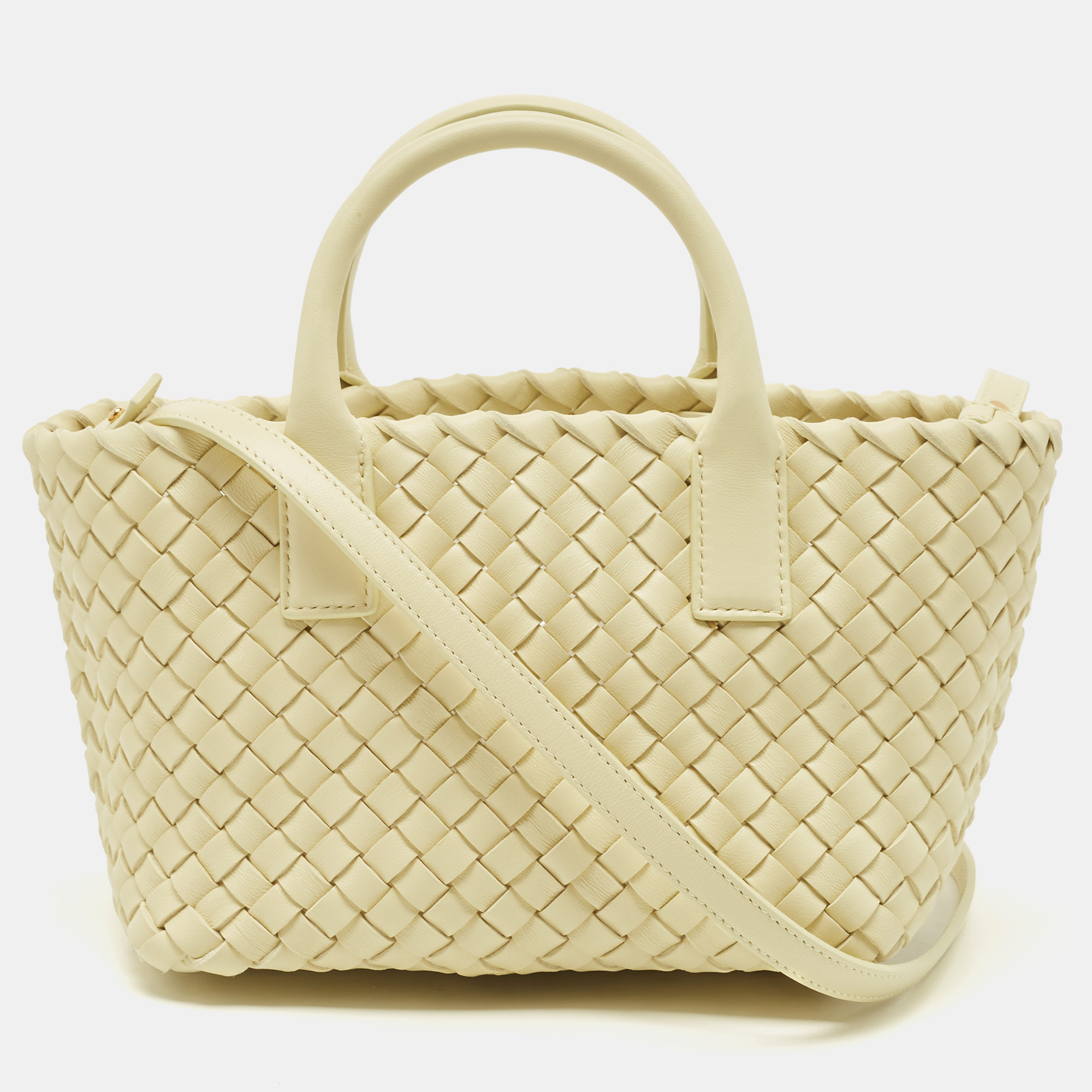 Pre Owned Bottega Veneta Pale Yellow Intrecciato Leather Mini Cabat Tote