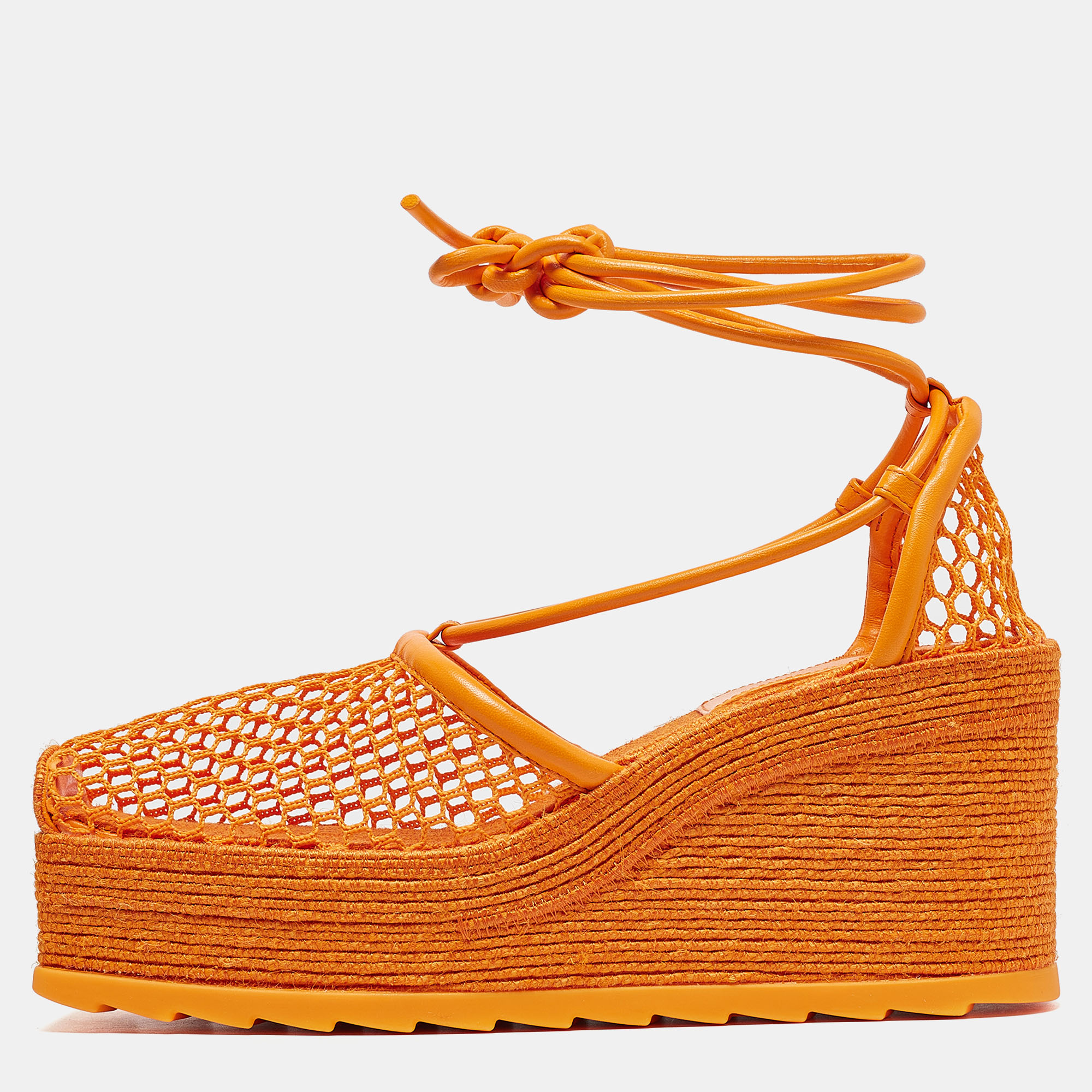 

Bottega Veneta Orange Mesh and Leather Wedge Espadrille Ankle Wrap Pumps Size