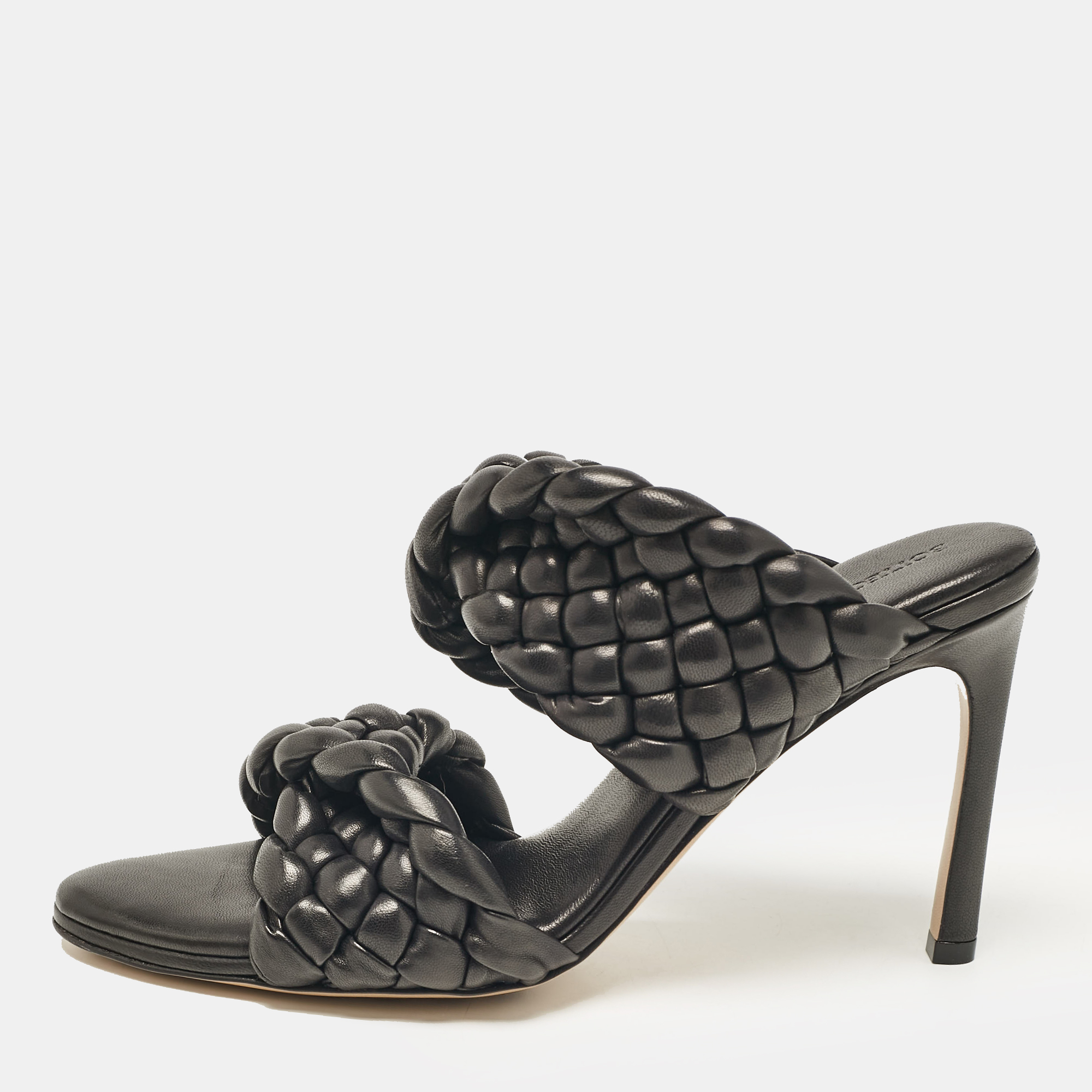 

Bottega Veneta Black Leather Intrecciato Slide Sandals Size