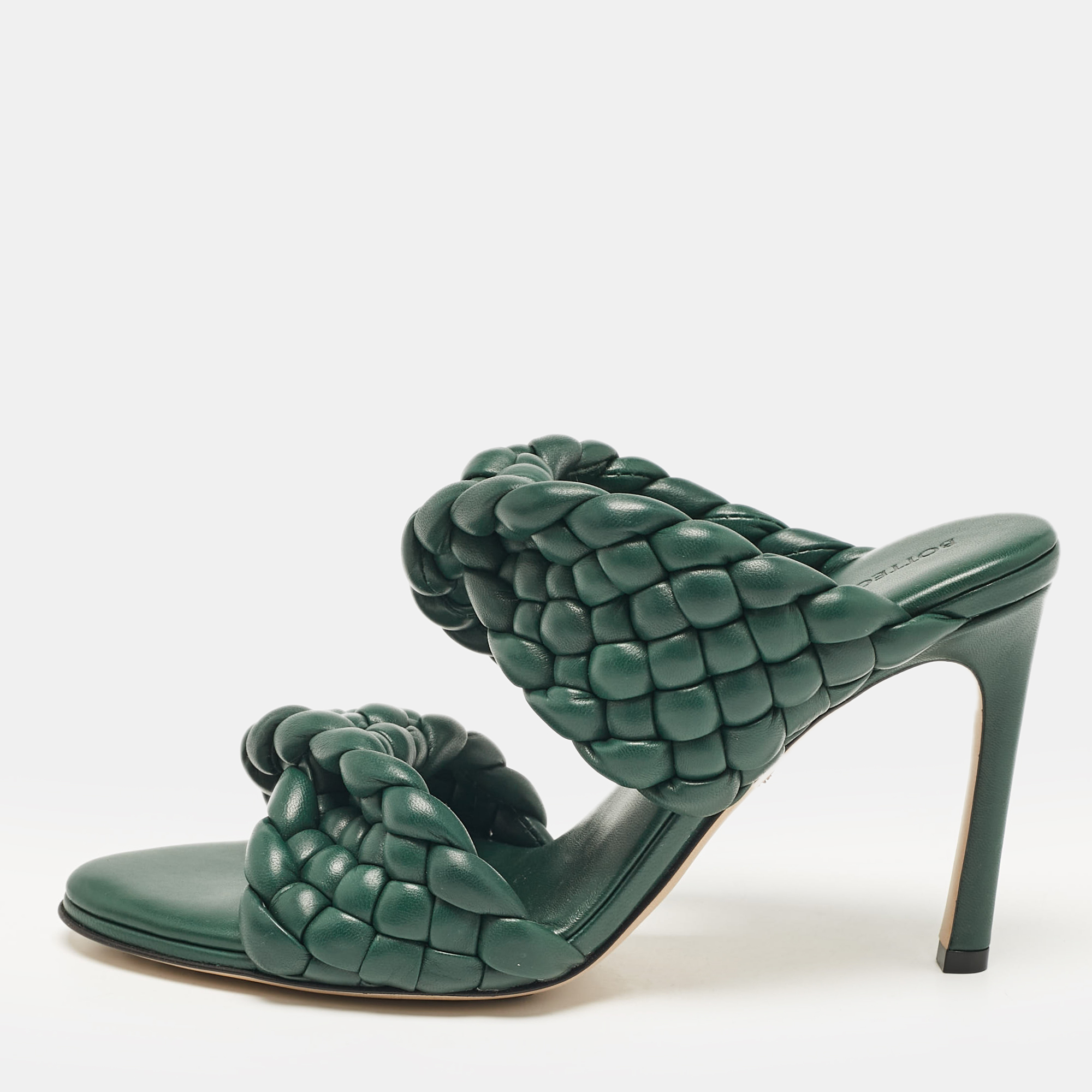 

Bottega Veneta Green Leather Intrecciato Slide Sandals Size