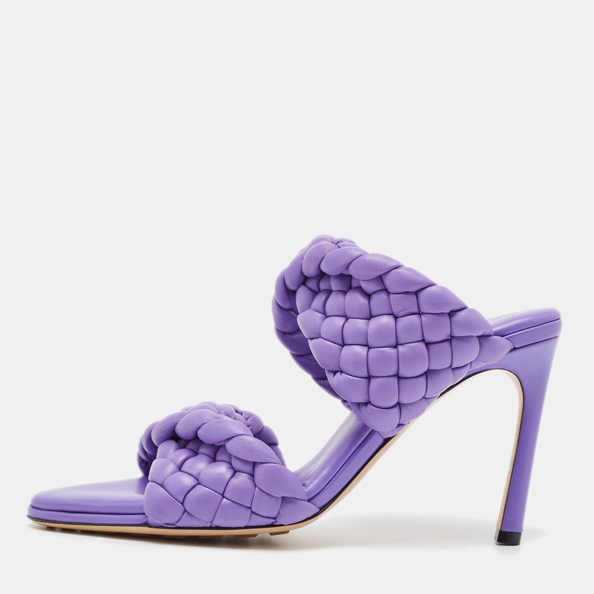 

Bottega Veneta Purple Leather Intrecciato Slide Sandals Size