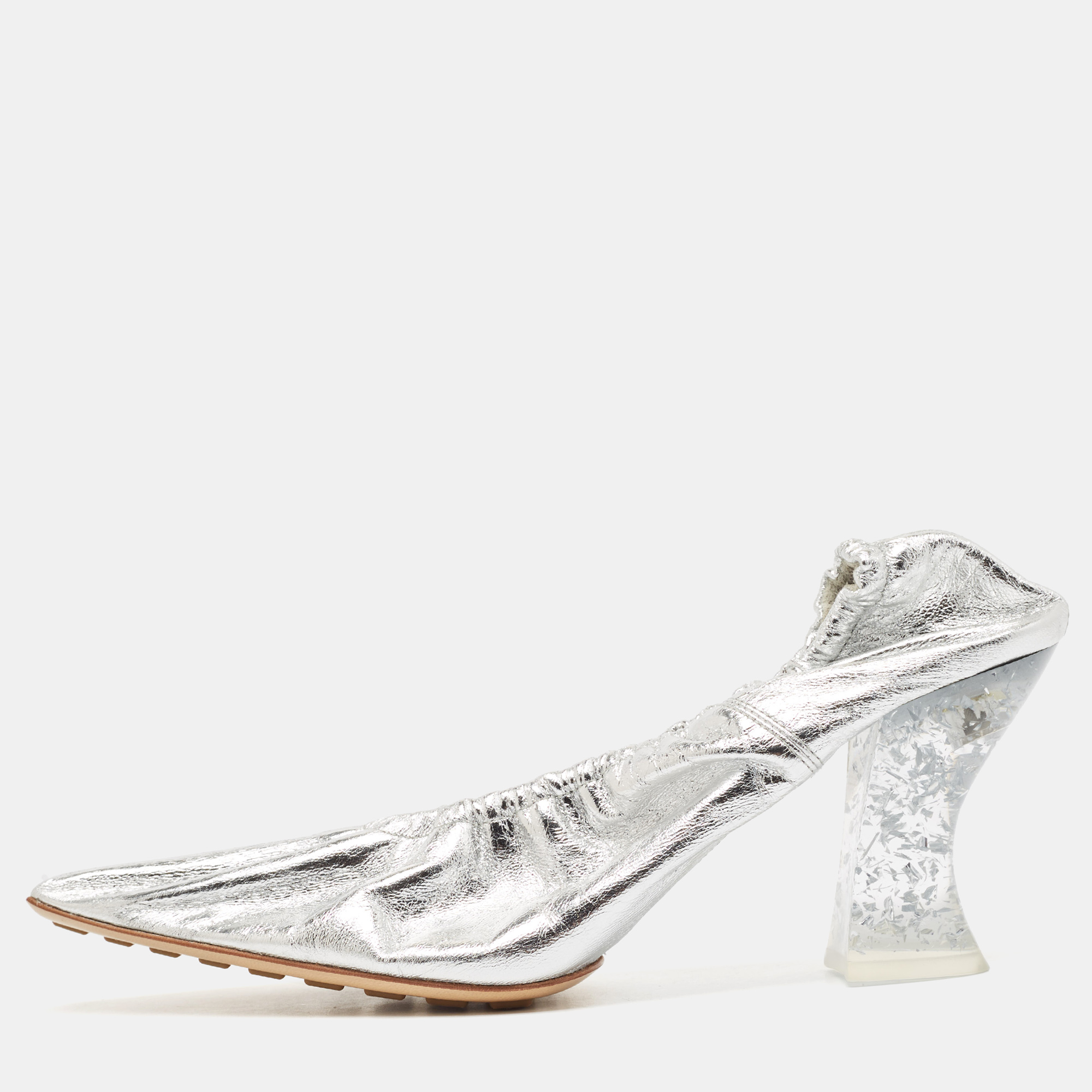 

Bottega Veneta Silver Leather Glitter Plexiglass Almond Pumps Size