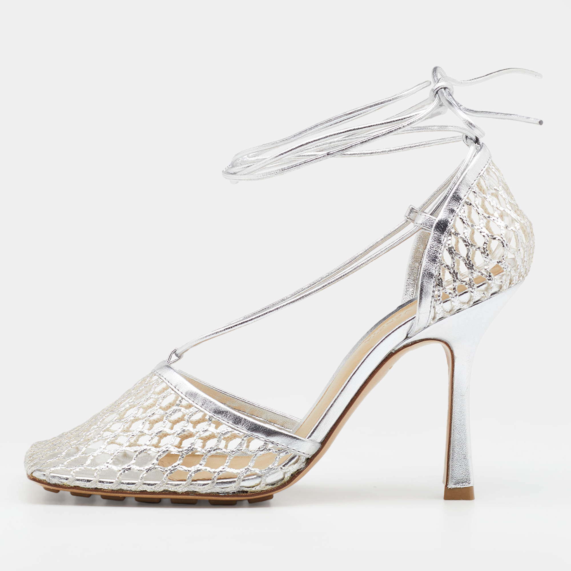 

Bottega Veneta Silver Mesh and Leather Stretch Ankle Tie Pumps Size