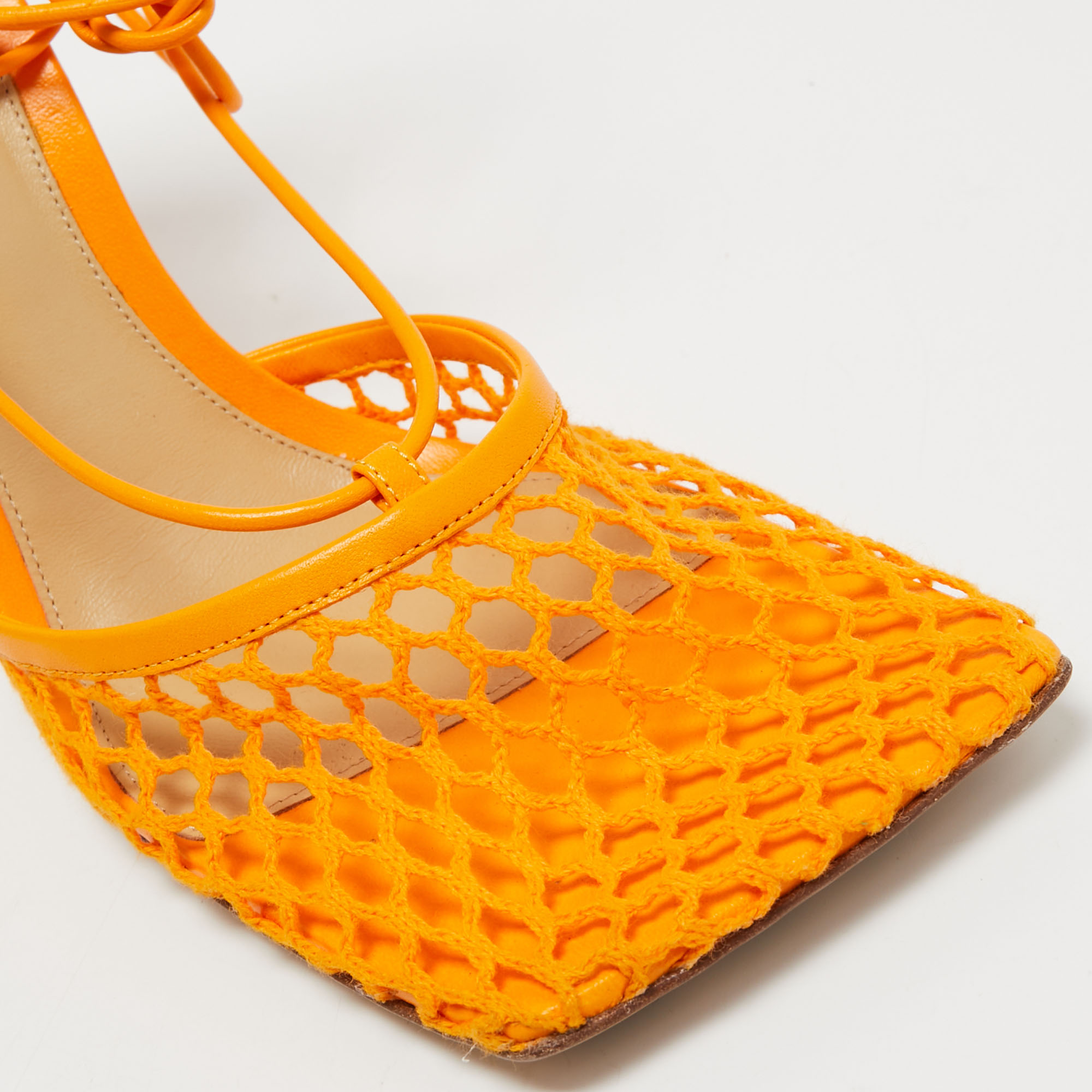 Bottega Veneta Orange Leather and Mesh Stretch Ankle Strap Sandals Size 39 