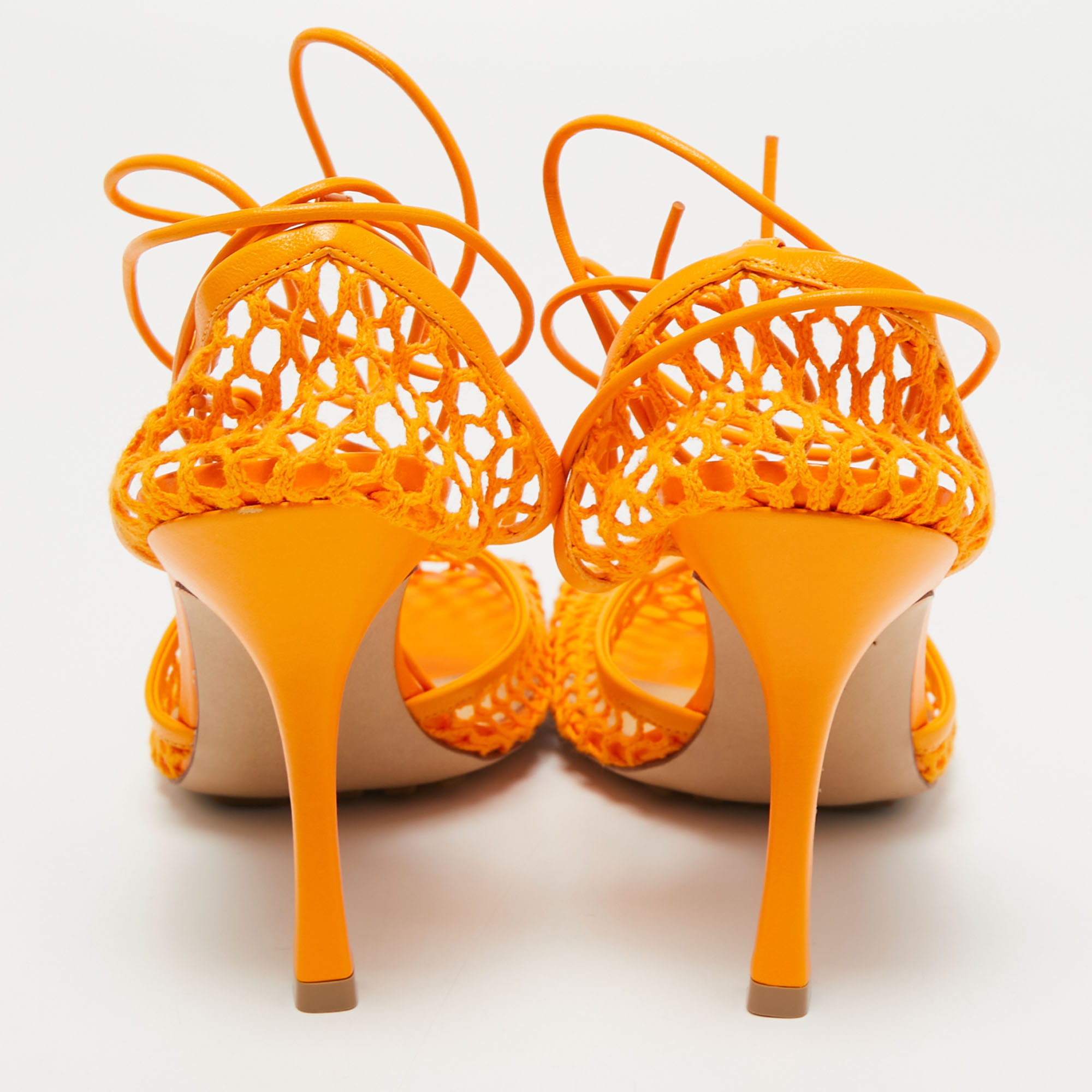 Bottega Veneta Orange Leather and Mesh Stretch Ankle Strap Sandals Size 39 