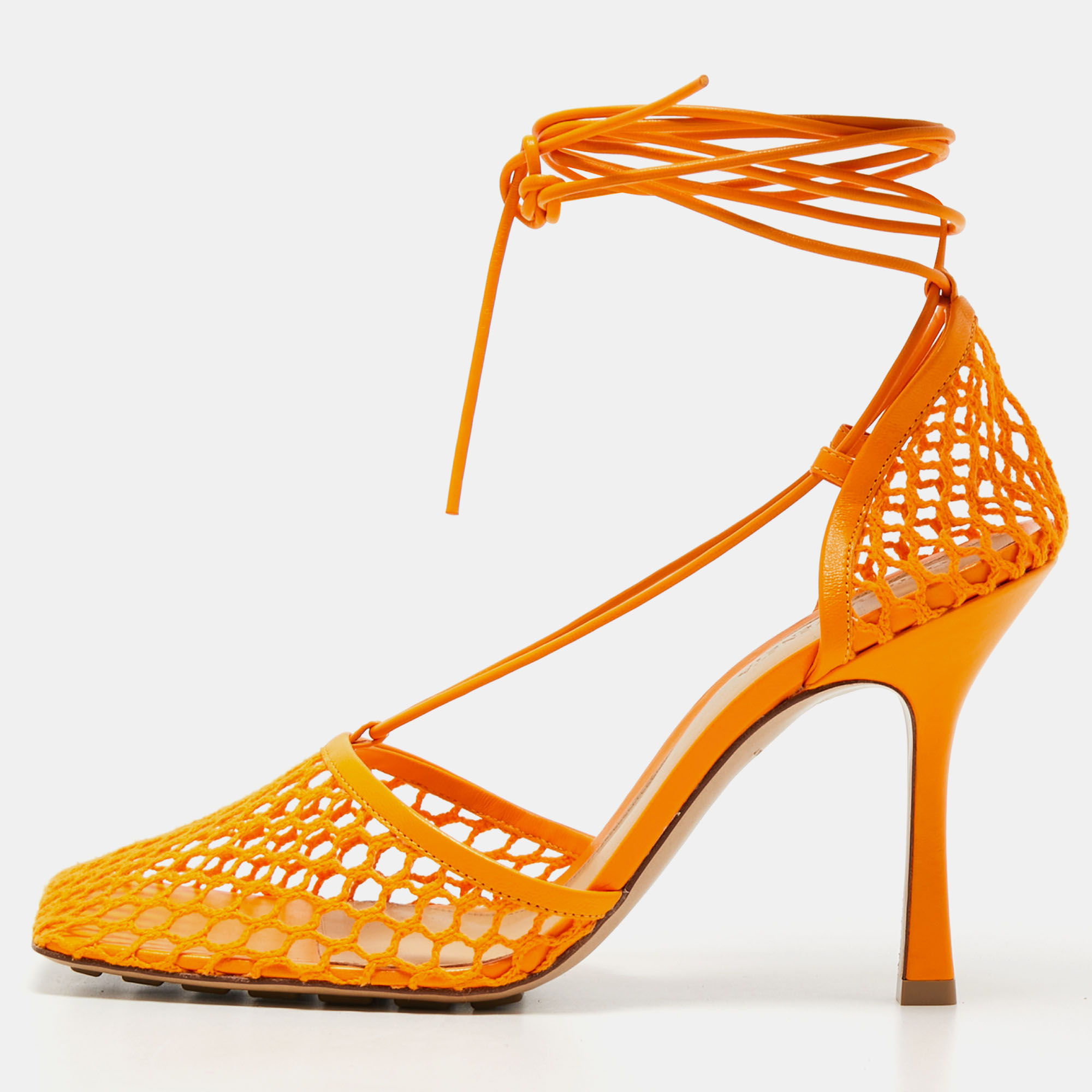 

Bottega Veneta Orange Leather and Mesh Stretch Ankle Strap Sandals Size