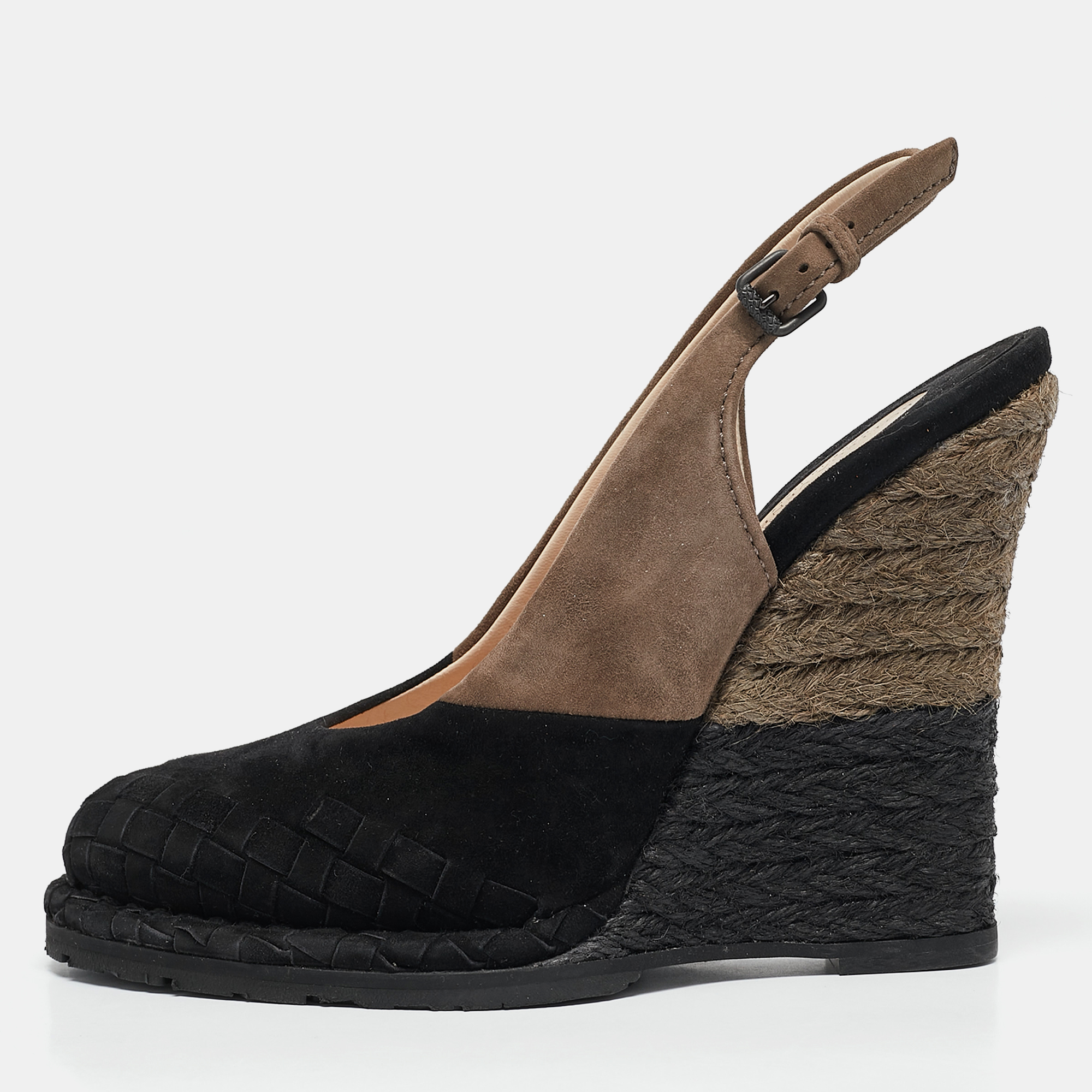 

Bottega Veneta Black/Brown Intrecciato Suede Espadrille Wedge Sandals Size