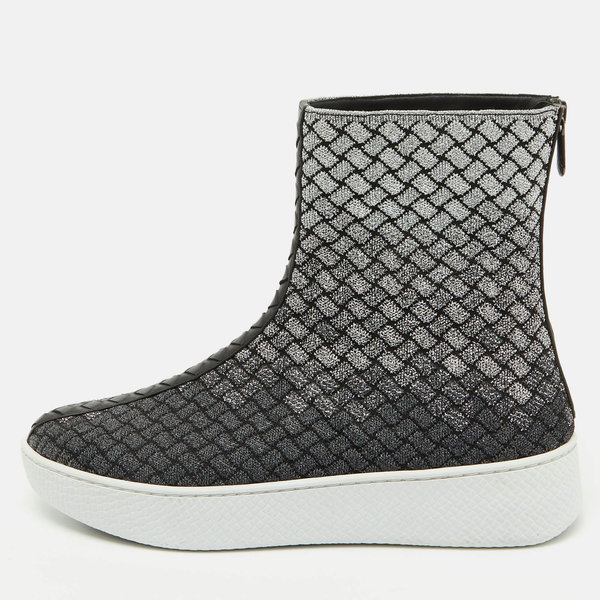 

Bottega Veneta Black/Silver Intrecciato Metallic Lurex Fabric Sneaker Boots Size