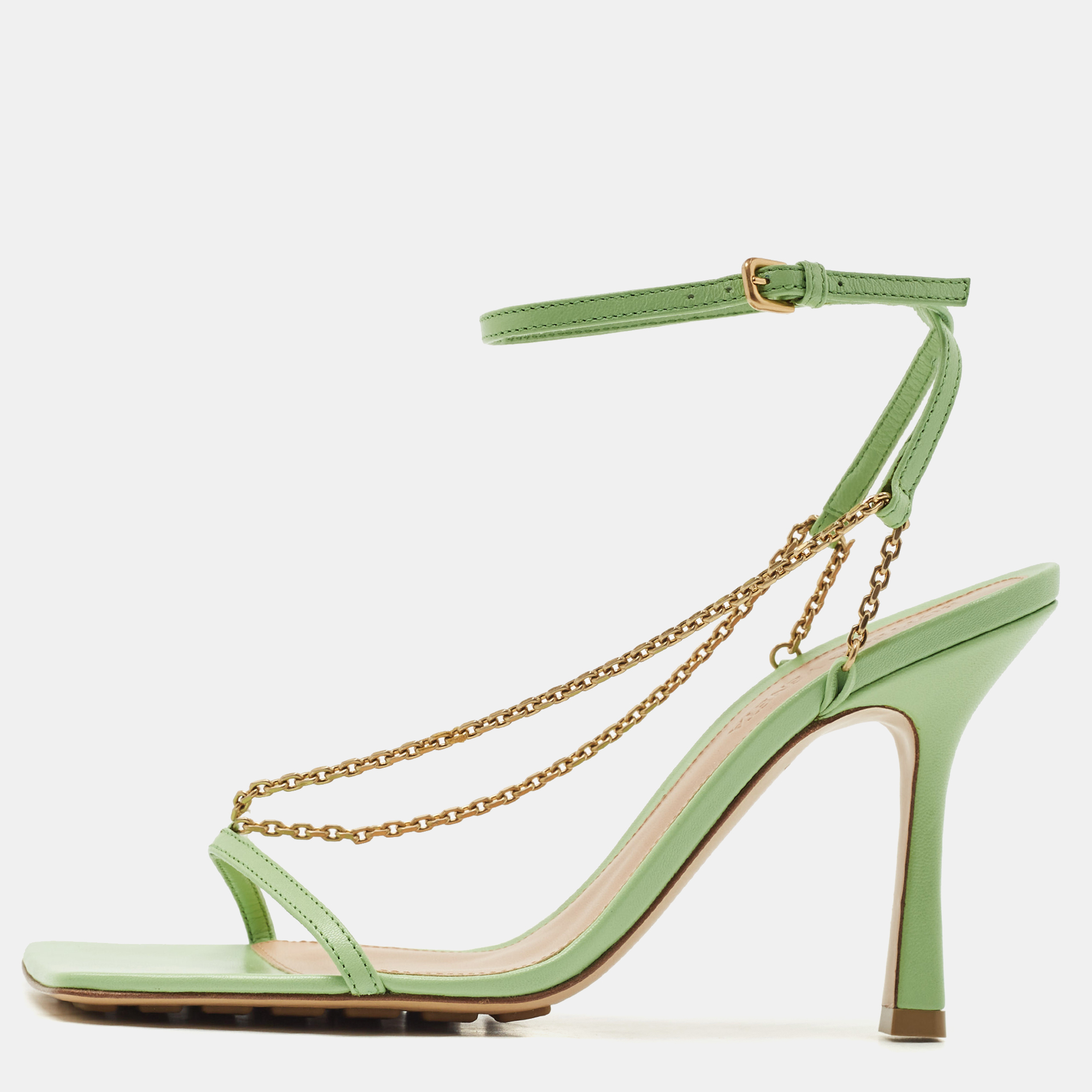 

Bottega Veneta Green Leather Chain Stretch Sandals Size