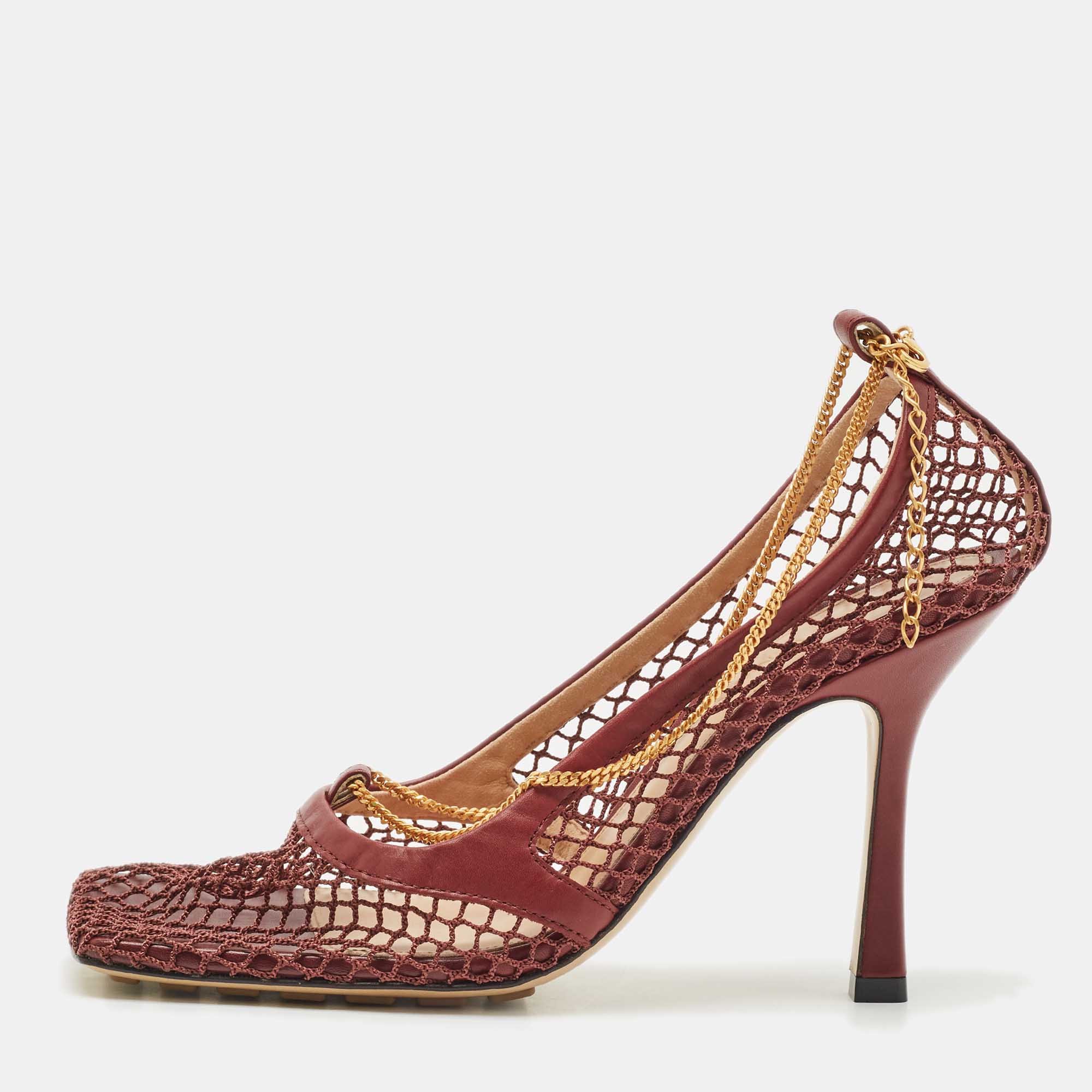 

Bottega Veneta Burgundy Mesh and Leather Chain Stretch Pumps Size